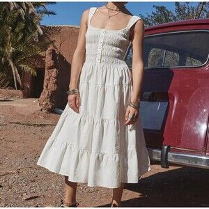 NWT Urban Outfitters Kimchi Blue Marlowe Shirred White Midi Summer Dress Size L